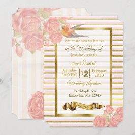 Rosa och guldfärgade blommor och fågel bröllopsinb inbjudningar