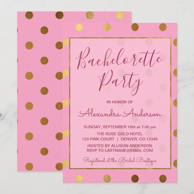 Rosa och guldfetma Polka Dot Bachelorette Party Inbjudningar (Fram/baksida)
