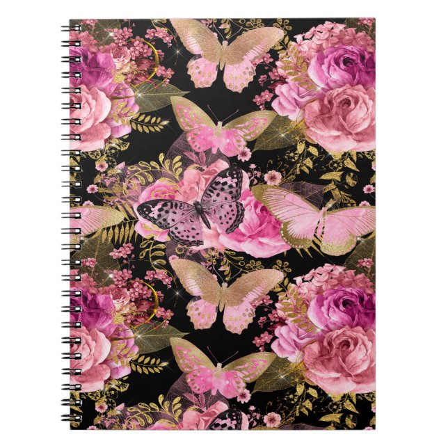 Rosa och guldfetter Blommigt Butterfly Mönster Anteckningsbok (Framsidan)
