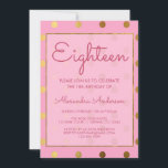 Rosa och guldfjolpolk Dot 18:e födelsedagen Inbjudningar<br><div class="desc">Rosa och guldblomma Girly Polka avgår artonde Födelsedagsfest inbjudan för en söt i rosa 18 födelsedagsfest firande. Denna inbjudan är perfekt för en Rosa Girly som vrider arton Födelsedagsfester. Kontakta designern om du vill ha anpassade matchande objekt.</div>