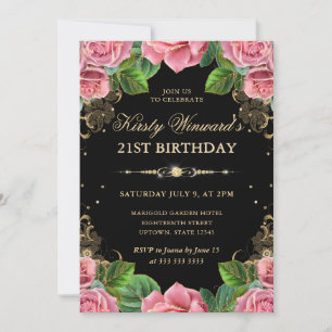 Rosa och Guldrosor Blommig 21-årsdag Inbjudningar