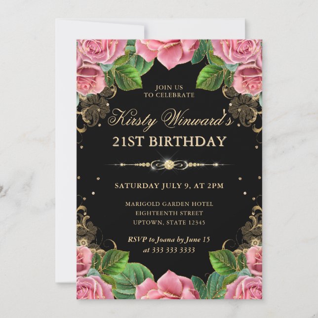 Rosa och Guldrosor Blommig 21-årsdag Inbjudningar (Framsida)