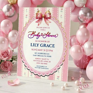 Rosa och guldslinga och blommande baby shower inbjudningar