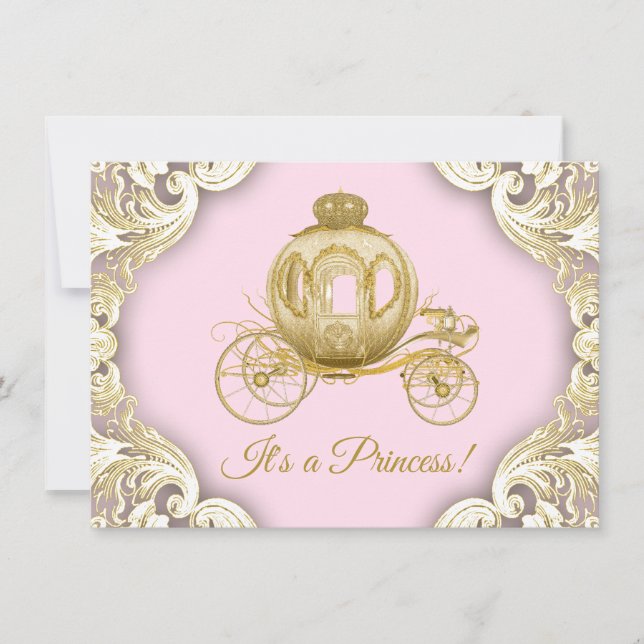 Rosa och guldvagn Royal Princess Baby Shower Inbjudningar (Framsida)