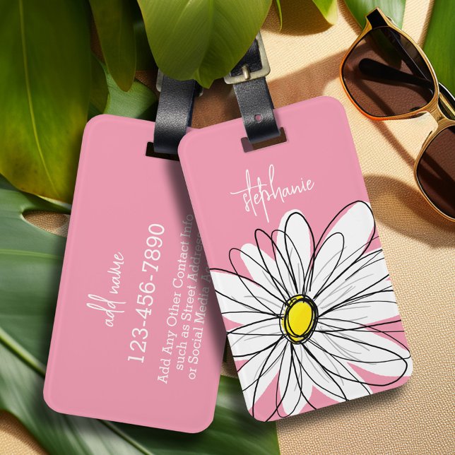 Rosa och Gult Anpassningsbar för vimatisk Daisy Bagagebricka (Whimsical Daisy personalized luggage tag)