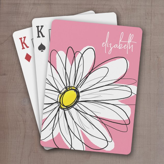 Rosa och Gult Anpassningsbar för vimatisk Daisy Casinokort (Whimsical Daisy Drawing with a place to add your name - personalized playing cards)