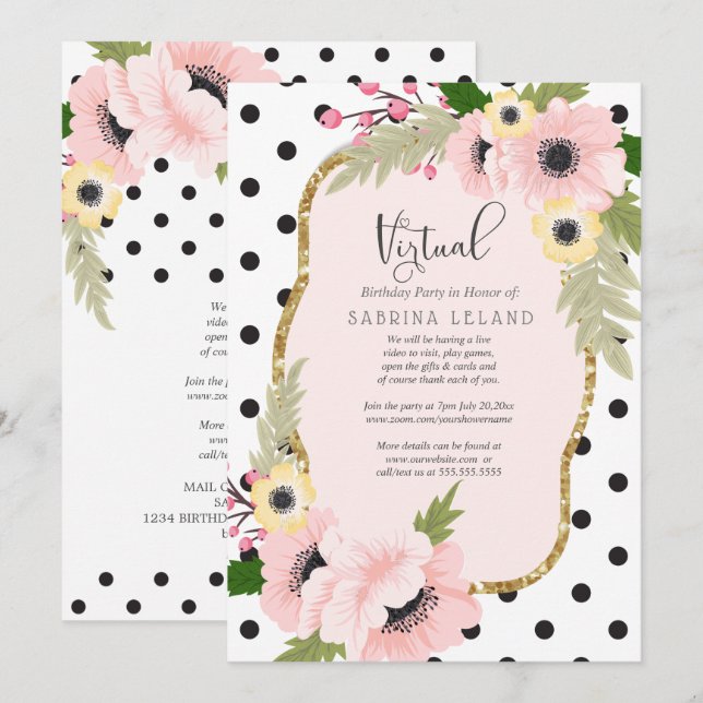 Rosa och Gult av virtuell Födelsedagsfest Inbjudningar (Fram/baksida)