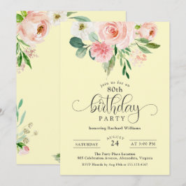 Rosa och Gult Blommigt 80:e Födelsedagsfesten Inbjudningar