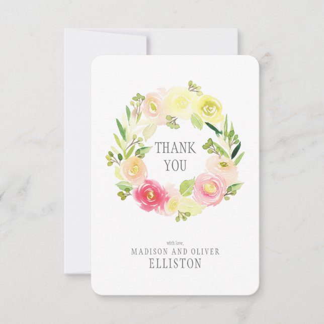 Rosa och Gult Blommigt av vattenfärg Utandning| Ta Tack Kort (Framsida)