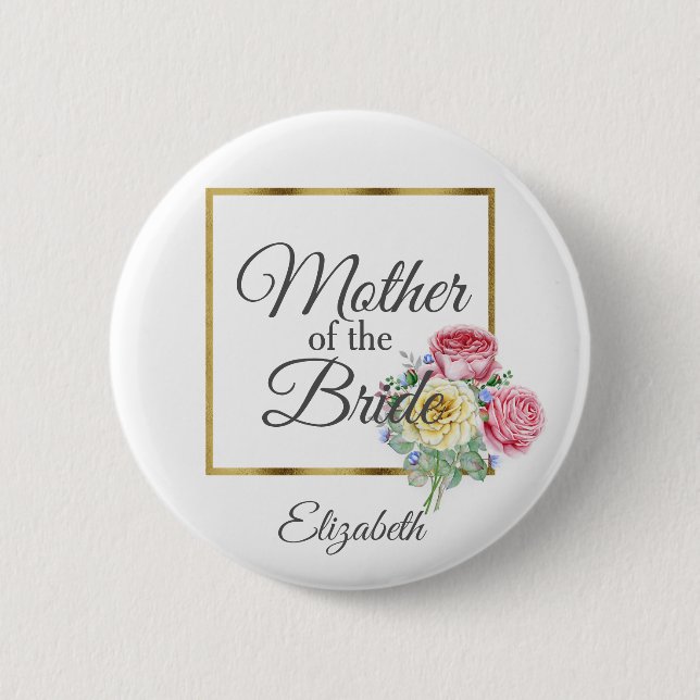 Rosa och Gult Blommigt Budens mamma Knapp (Framsida)