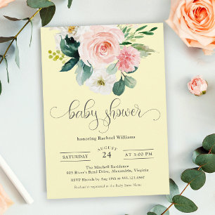 Rosa och Gult Blommigt för vattenfärg, babykläder Inbjudningar