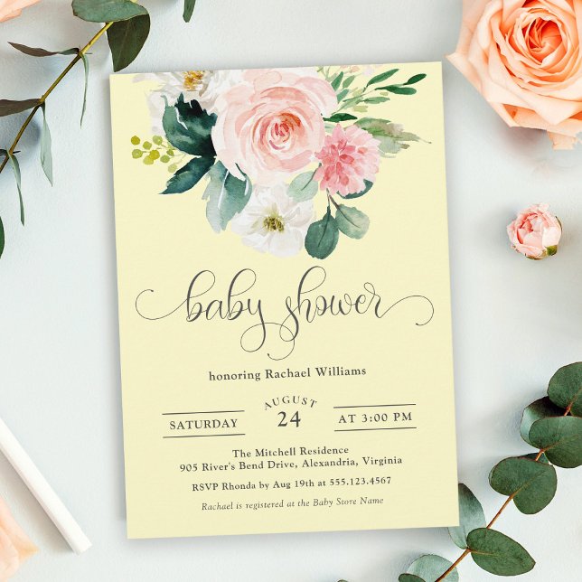 Rosa och Gult Blommigt för vattenfärg, babykläder Inbjudningar (Skapare uppladdad)