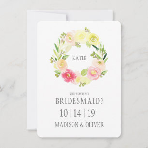 Rosa och Gult Blommigt för vattenfärg Bridesmaid Inbjudningar