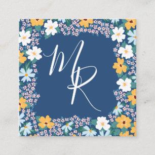 Rosa och Gult Blommigt Ram Monogram Fyrkantigt Visitkort
