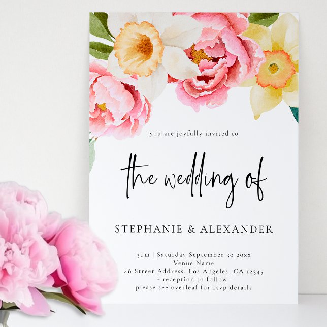 Rosa och Gult Blommigt Skript QR-kod Bröllop Inbjudningar (Skapare uppladdad)