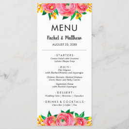 Rosa och Gult Blommigt Vattenfärg Bröllop Meny