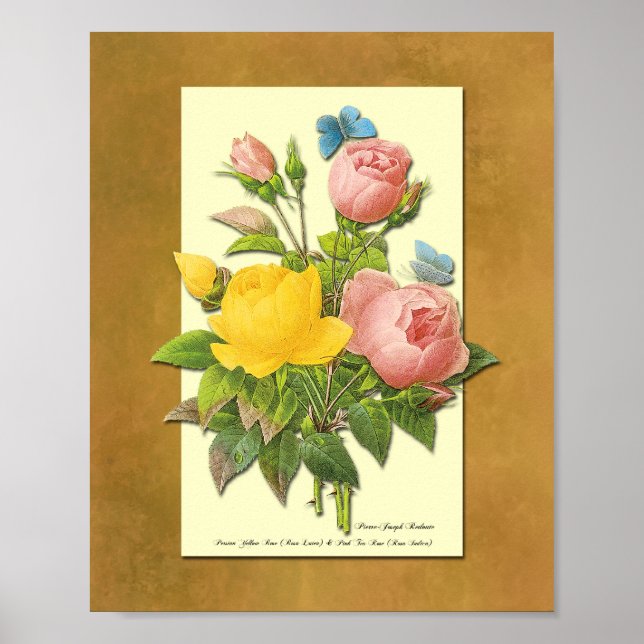 Rosa och Gult Botaniskt Ro Faux Parchment Art Poster (Framsidan)