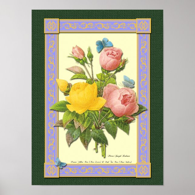 Rosa och Gult Botaniskt Ro Poster (Framsidan)
