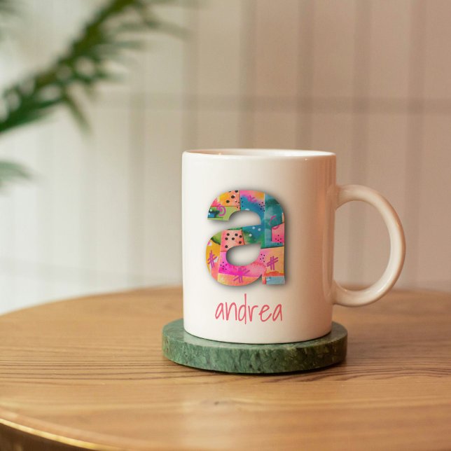 Rosa och Gult Brev A, Girly Abstrakt Kaffemugg (Skapare uppladdad)