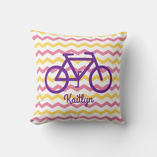 Rosa och Gult Chevron Pillow med Lila Bike Kudde (Framsida)