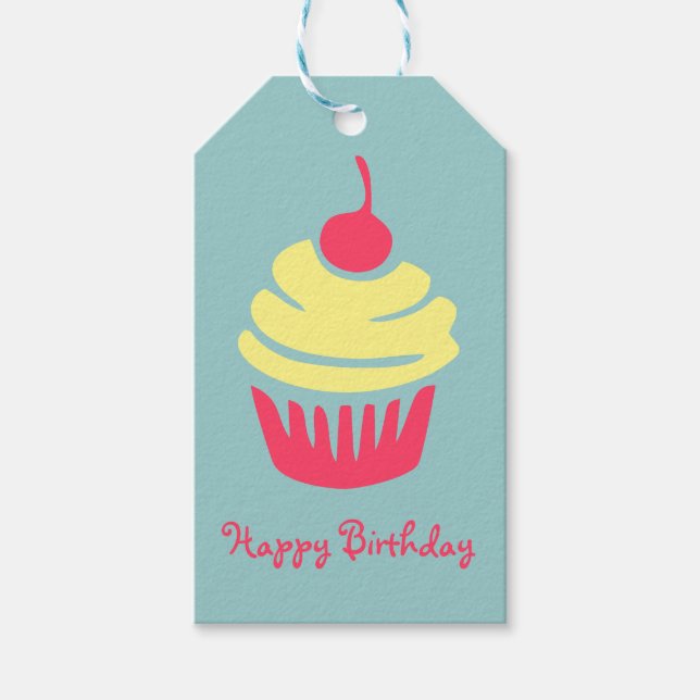 Rosa och Gult Cupkaka Cherry på populäraste födels Presentetikett (Framsidan)