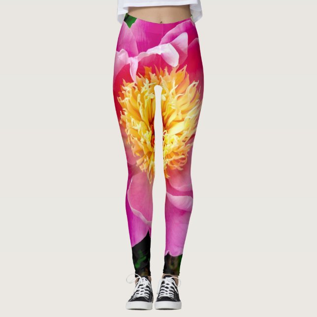 Rosa och Gult Dahlia Blommigt Leggings (Framsida)