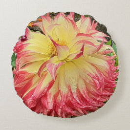 Rosa och Gult Dahlia Rund Kudde