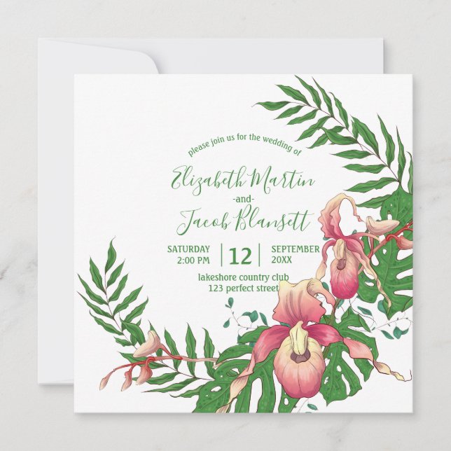 Rosa och Gult Dam Slipper Orchid WAN Bröllop Inbjudningar (Framsida)