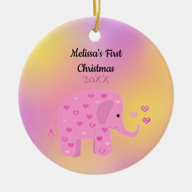 Rosa och Gult Elephant Baby Första jul Julgransprydnad Keramik (Framsidan)