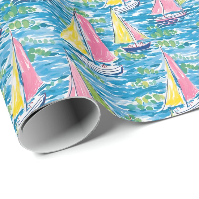 Rosa och Gult för utskrift av Preppy Handflatan-fa Presentpapper (Rullad Hörn)