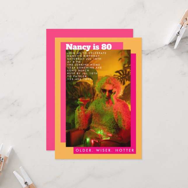 Rosa och Gult Foto Senior Birthday Inbjudningar (Fram/Back In Situ)