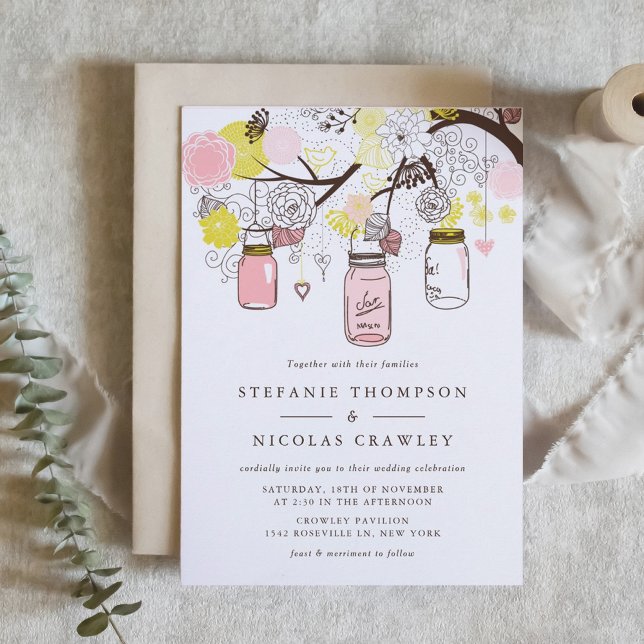 Rosa och Gult Hanging Mason Burk Bröllop Inbjudningar (Pink and Yellow Mason Jars and Flowers Wedding Invitation)