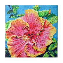 Rosa och Gult hawaiian Hibiscus Ceramic Tile