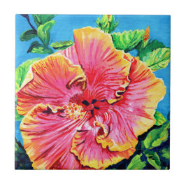 Rosa och Gult hawaiian Hibiscus Ceramic Tile Kakelplatta