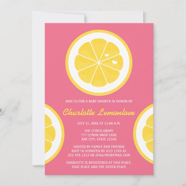 ROSA OCH GULT LEMON THEMED BABY SHOWER INBJUDNINGAR (Framsida)