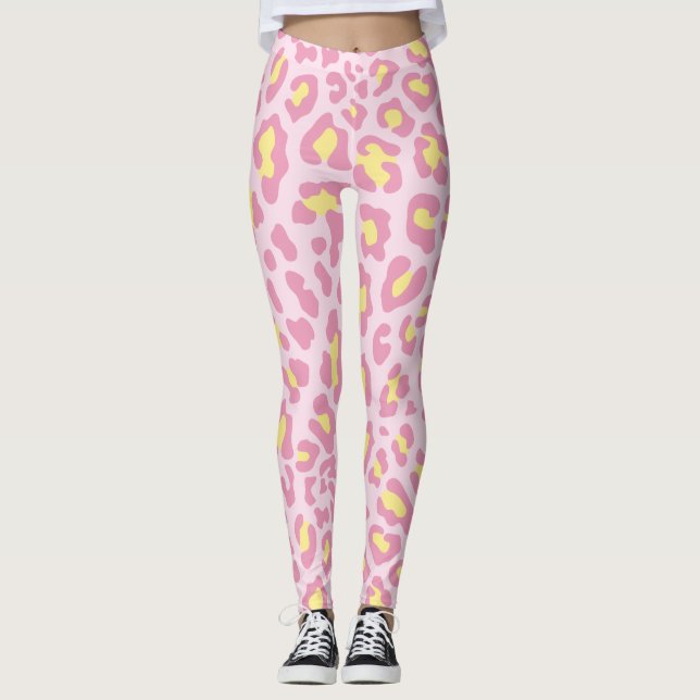 Rosa och Gult Leopard Skriv ut Leggings (Framsida)