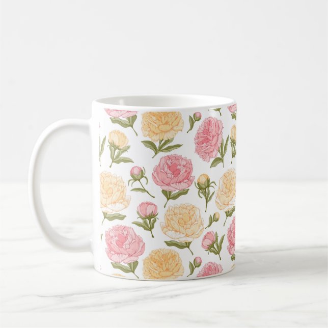 Rosa och Gult Peonies Sketch Kaffemugg (Vänster)