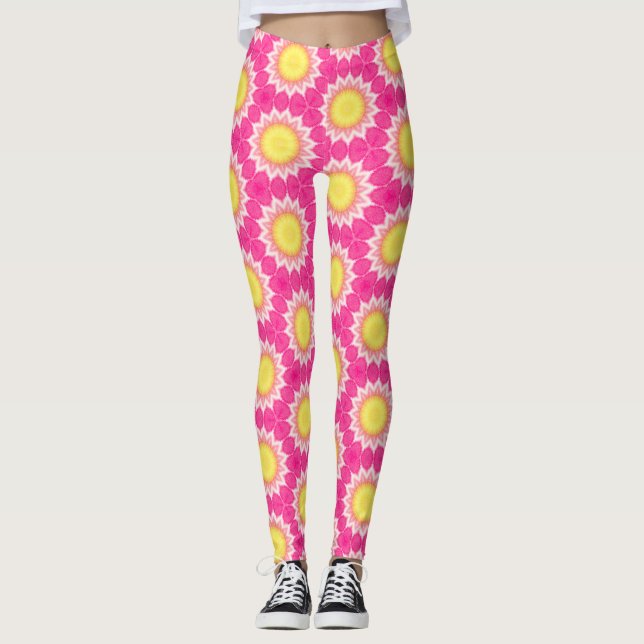 Rosa och Gult Solrosblommor Mönster - legeringar Leggings (Framsida)