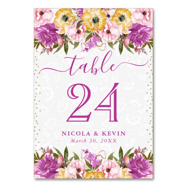 Rosa och Gult sommarblommor Bröllop Bordsnummer (Framsidan)