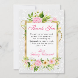Rosa och Gult sommarblommor Guld Quinceanera Tack Kort