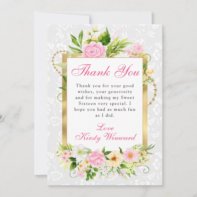 Rosa och Gult sommarblommor Guld Sweet 16 Tack Kort (Framsida)