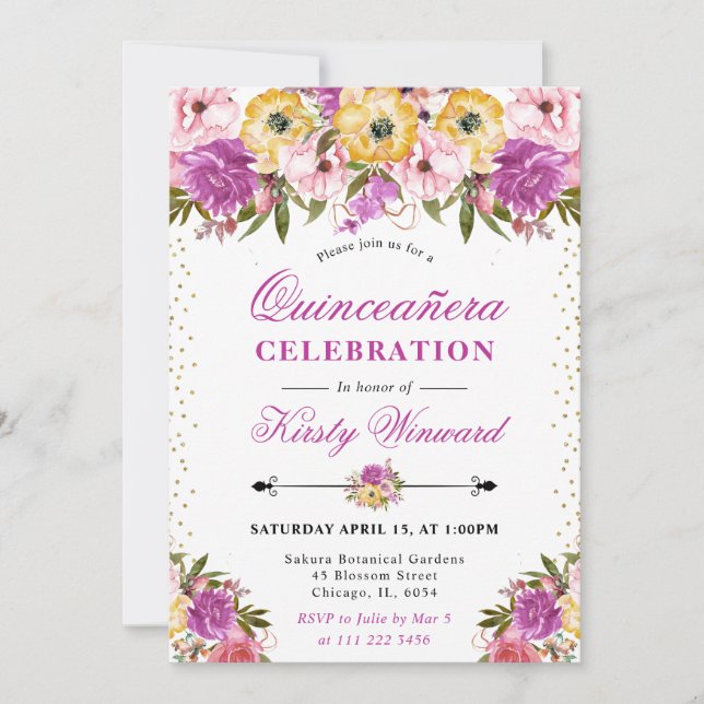 Rosa och Gult sommarblommor Quinceanera Inbjudningar (Framsida)