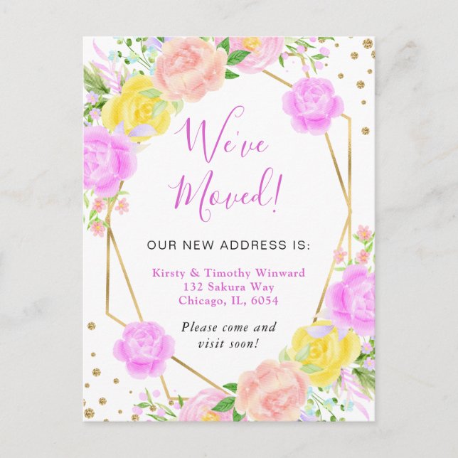 Rosa och Gult Sommarblommor Ram Vi har flyttat Vykort (Framsida)