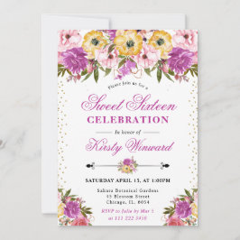 Rosa och Gult sommarblommor Sweet sixteen Inbjudningar