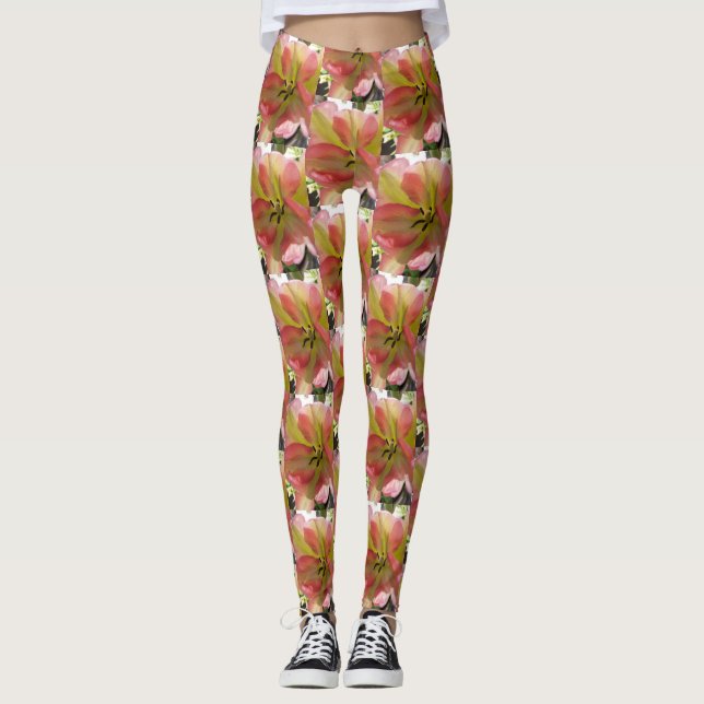 Rosa och Gult Tulip Blommigt Leggings (Framsida)