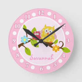Rosa och Gult Uggla Nursery Wall Clock Rund Klocka