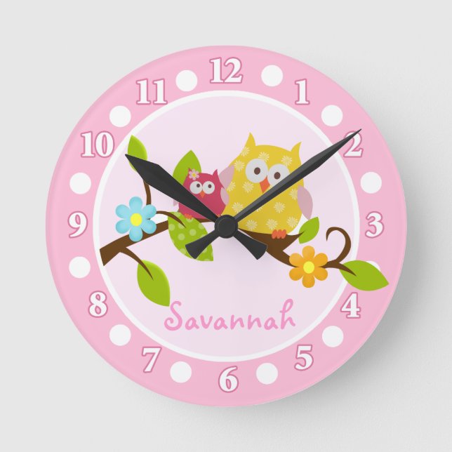Rosa och Gult Uggla Nursery Wall Clock Rund Klocka (Framsida)