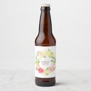 Rosa och Gult Vattenfärgad Blommigt Utandning BR Ölflaska Etikett