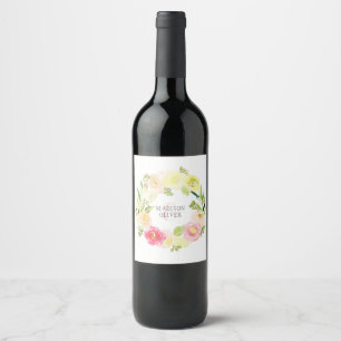 Rosa och Gult Vattenfärgad Blommigt Utandning BR Vinflaska Etikett