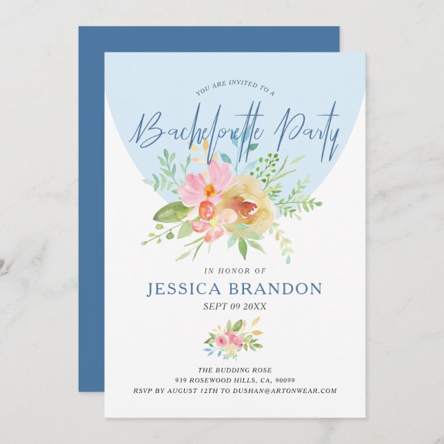 Rosa och gult vattenfärgblommor modern typogra inbjudningar (Fram/baksida)